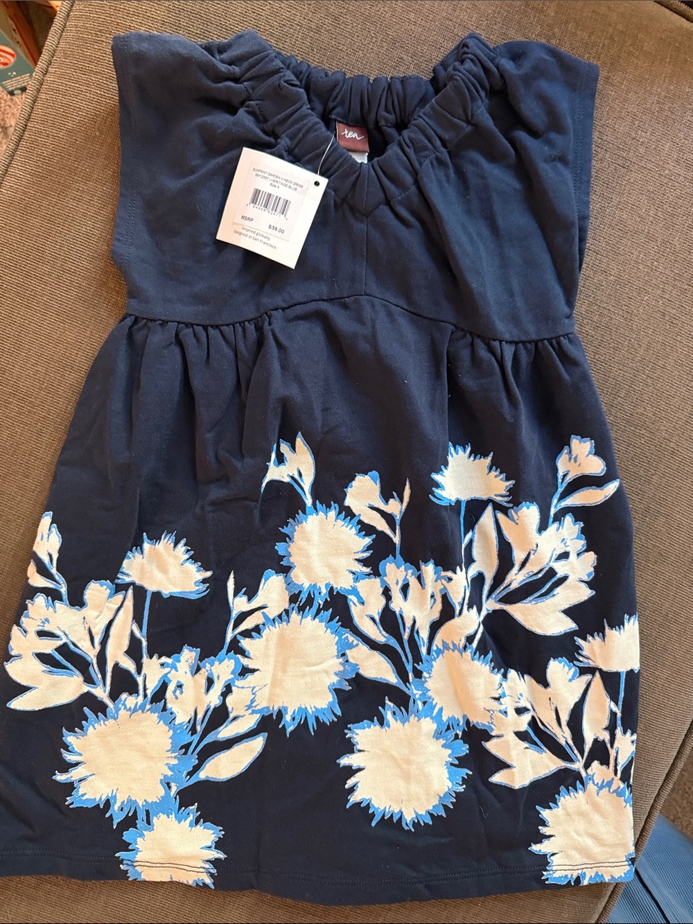 Tea Collection Navy Dress with White and Blue Floral Embroidery
